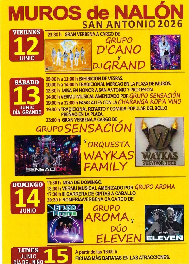 Cartel de las fiestas de San Antonio 2026 en Muros de Nalón: programa del 12 al 15 de junio con verbenas, charangas y romería
